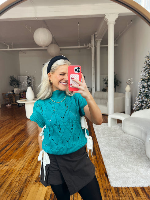 Bow Babe Sweater Top// Teal